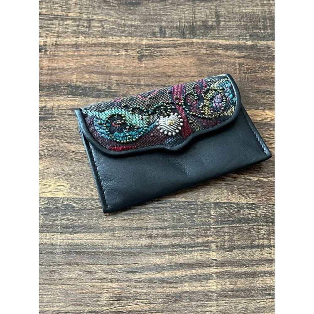 Brighton Black Leather Embroidered & Beaded Compact Wallet Card Case with Snap
